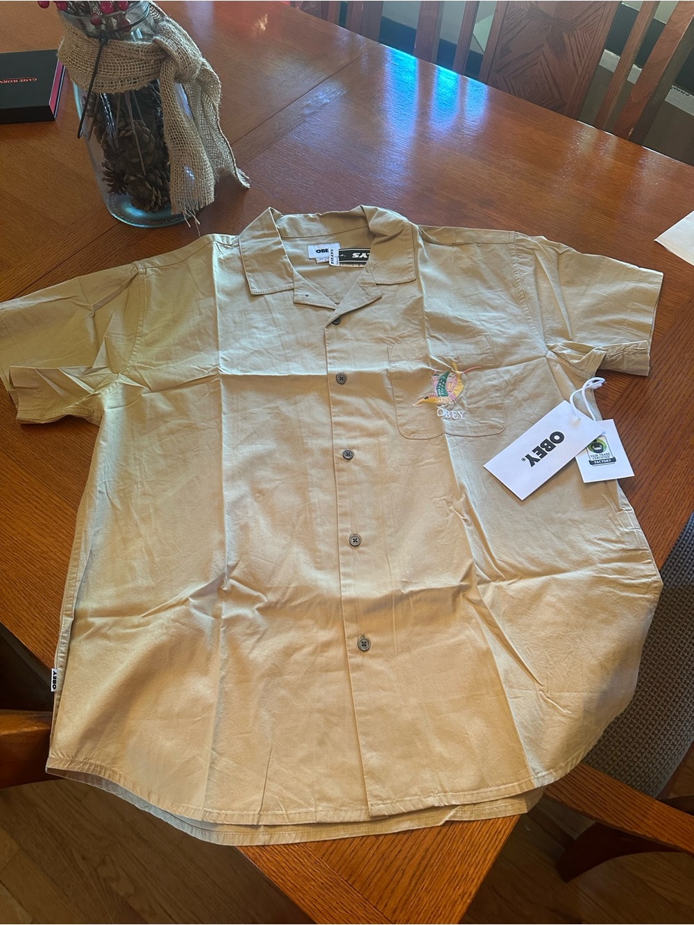 Obey Men’s Short-Sleeve Button-Down Shirt in Khaki size L